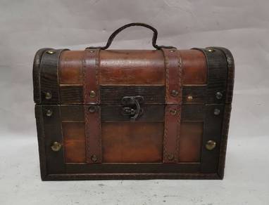 treasure CHEST-Wood, faux leather, tin studs-Vinta