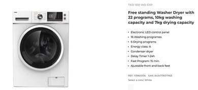 TEKA 10kg/7kg Washer Dryer (Model: TKD 1510 WD
