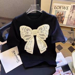 black shirt top ribbon bow with pearl plus size