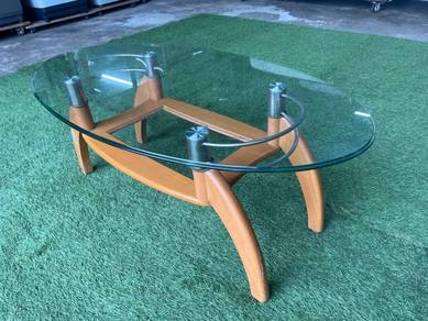 YE63A Meja Kopi Kaca Oval Glass Top Coffee Table