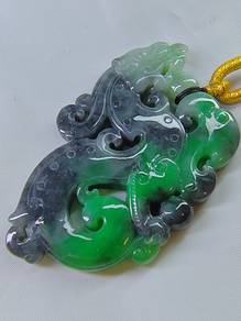 Ice Black/Green Burma Jadeite Jade Dragon Pendant