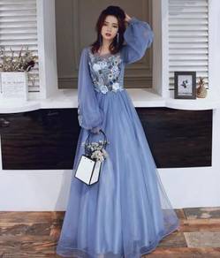 Blue long sleeve prom evening dress gown RBP1189