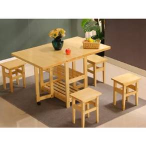 Foldable Wooden Dining Table 4 Chairs Brown Coklat
