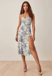 Floral Print Sleeveless Midi  blue white dress