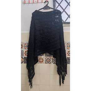 Black knit crochet poncho bohemian style fringe