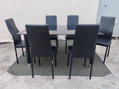 YE41E Meja Makan 5‘ Glass Dining Table 1+6 Chairs