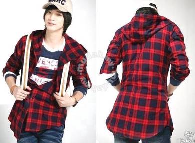 F0297 KEMEJA RED BLUE PLAID SWAG HOODIE SHiRT 🔥