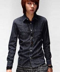 5047 Black Jeans Denim Shirts Pocket Kemeja Hitam
