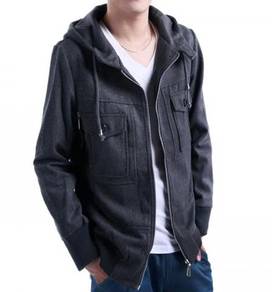 READY STOCK DARK GREY HOODiE SWEATER WOOLEN JACKET