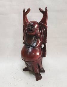 Vintage Red Rosewood Laughing Buddha Statue Arms