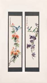 Vintage Chinese Bird & Flower Scroll Painting Set