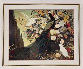 Peacock & Cockatoos Lithograph Open Print (Framed)