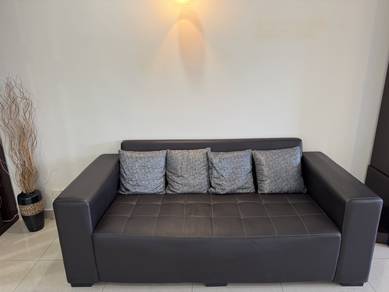 Dark Brown Leather Sofa with Cushions