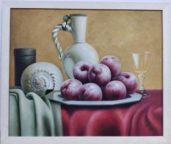 Still Life Oil Painting of Plums Seashell and Jug
