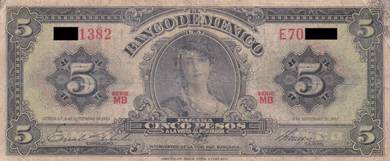 1961 Mexico 5 Pesos Banknote