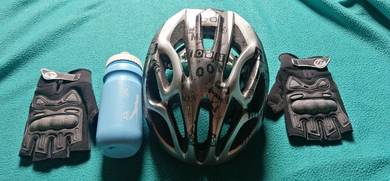 topi, glove, botol air basikal
