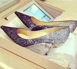 Glitter pointed heels black silver