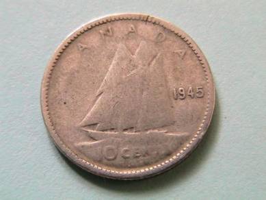 Canada King George VI 10 Cents 1945 Silver Coin