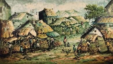 Oil Painting-Balinese Village Life – Signed