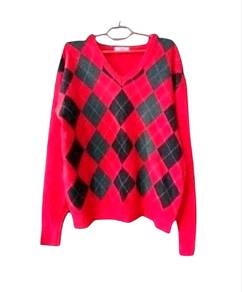 Red Argyle V-Neck Sweater