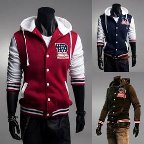BLUE HOT R HOODED VARSiTY SWEATER BASEBALL JACKET