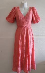 Coral V-Neck Midi Dress Baju Dress Coral H&M