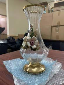 Glass Vase with Gold Trim and Floral Design