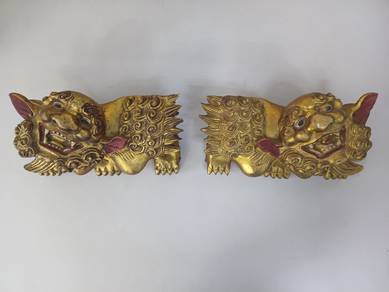 Traditional Gilt Carved Wooden Guardian Lions Pair