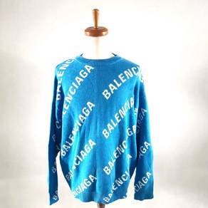 Balenciaga All Over Logo Blue Knit Sweater