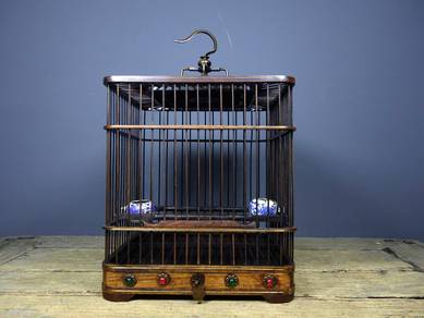 Rosewood and gemstone birdcage with copper-wire