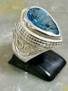 Cincin Swiss Blue Topaz Teardrop Perak 980 Ukiran