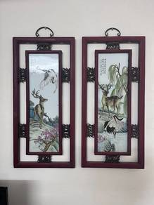 Duo of Narrow Porcelain "Crane and Deer" Plaques