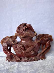 Hand-Carved Chinese Soapstone Lotus & Carp Vessel