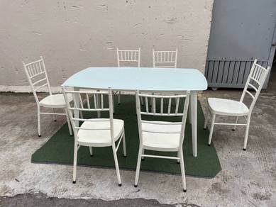 K103 Meja Makan 1+6 Set Dining Table Glass White