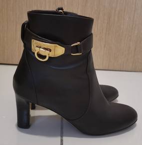 Dark Brown Leather Ankle Boots with Gold Buckle 