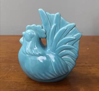 pottery chicken figurine blue