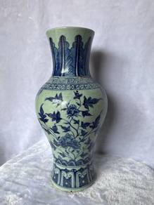 Vintage Blue and White Celadon Landscape Vase