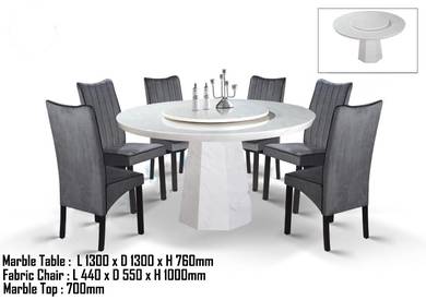 4.3FT Round Marble Table   6x Fabric Chiars
