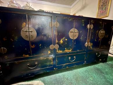 Rustic Gold and Dark Blue Chinese Antique Cabinet