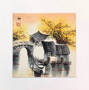 Clearance Watercolor Autumn Bridge Village