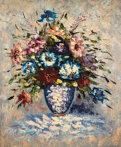Vintage oil painting - Flowers in a Blue Vase