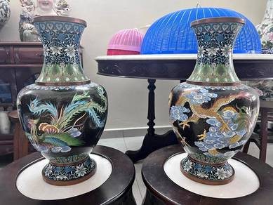 Chinese Cloisonné Dragon & Phoenix Enamel Vases