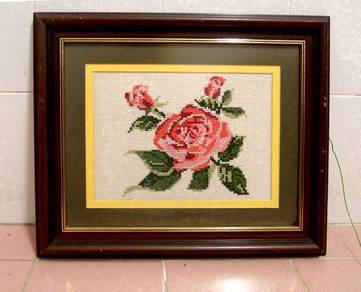 Vintage Cross-Stitch Framed Picture - Red Rose
