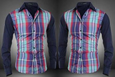 F0572 Kemeja Petak Biru Hijau Long Sleeves Shirt