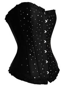 CS003 Black Satin Corset Crystal Long Line Boned