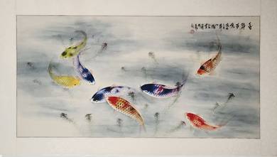 Eight Koi in Harmony-Chinese Ink & Watercolor