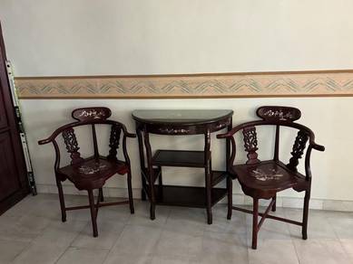 Chinese Rosewood Half Moon Corner Chairs and Table