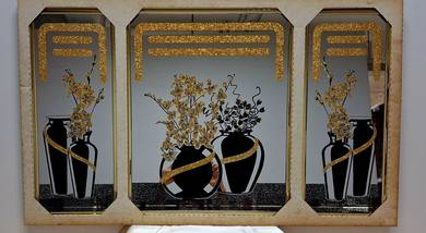 Triptych Etched Mirror-Gold Glitter Floral Design