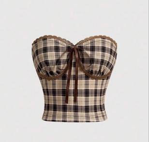 Plaid Corset Style Tube Top with Brown Lace Trim