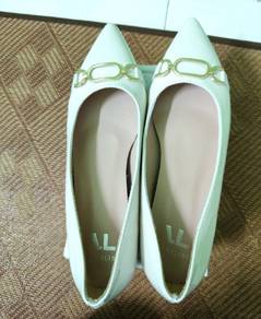 White Patent Pointed Toe Flats with Gold Buckle